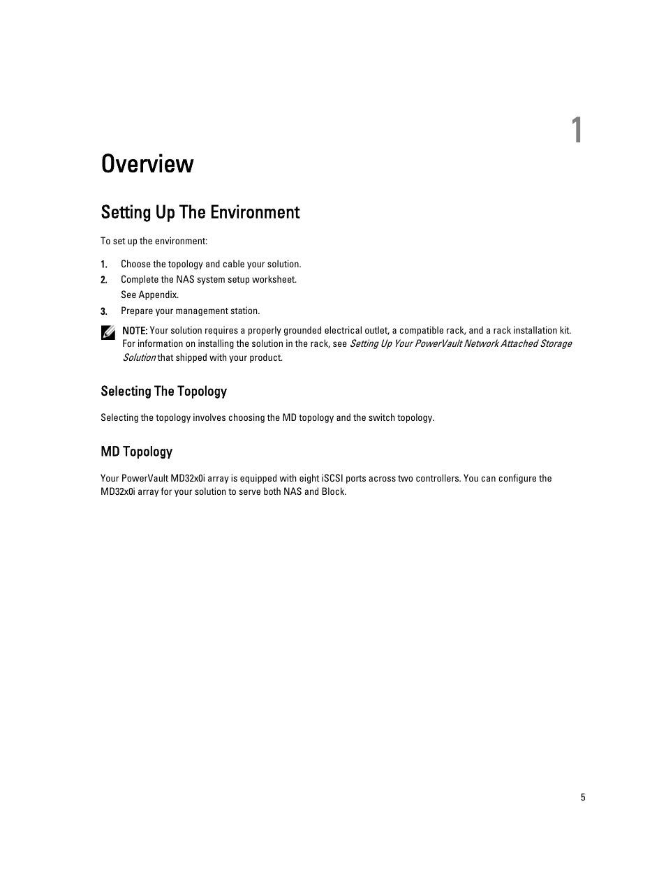 Overview, Setting up the environment, Selecting the topology | Md topology, 1 overview | Dell PowerVault NX3600 User Manual | Page 5 / 31