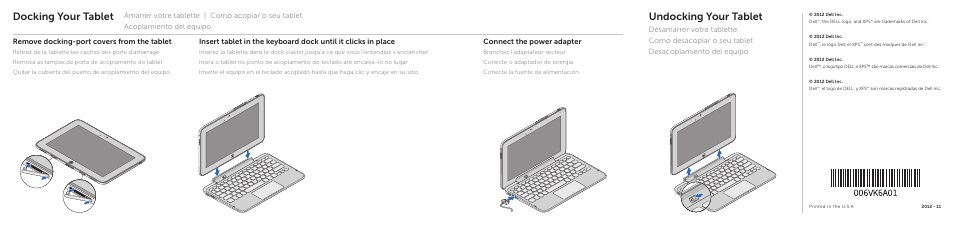 Docking your tablet, Undocking your tablet, Remove docking-port covers from the tablet | Connect the power adapter | Dell XPS 10 Tablet User Manual | Page 2 / 2