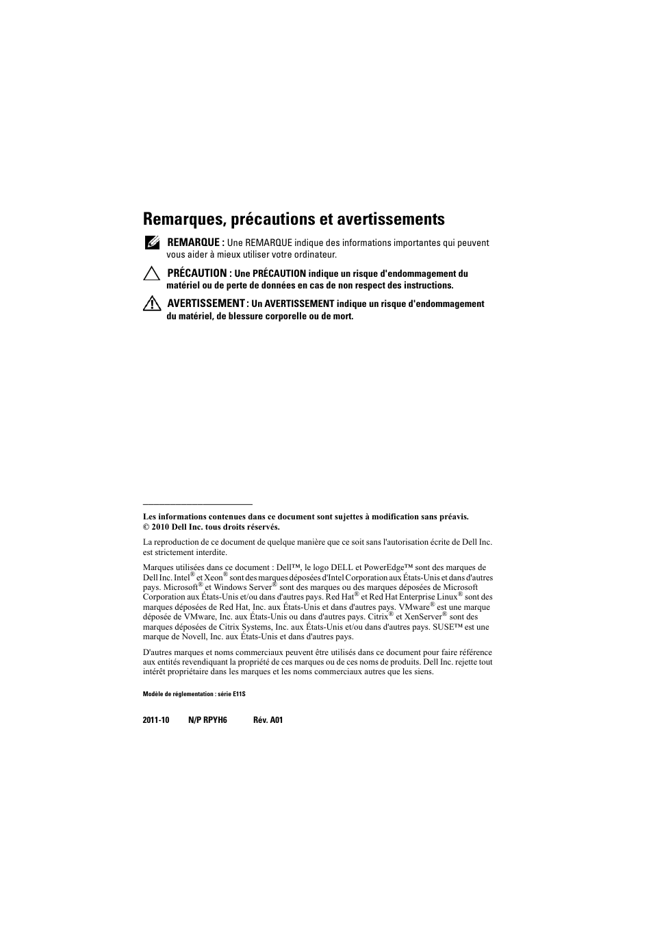 Remarques, précautions et avertissements | Dell PowerEdge T110 II User Manual | Page 16 / 50