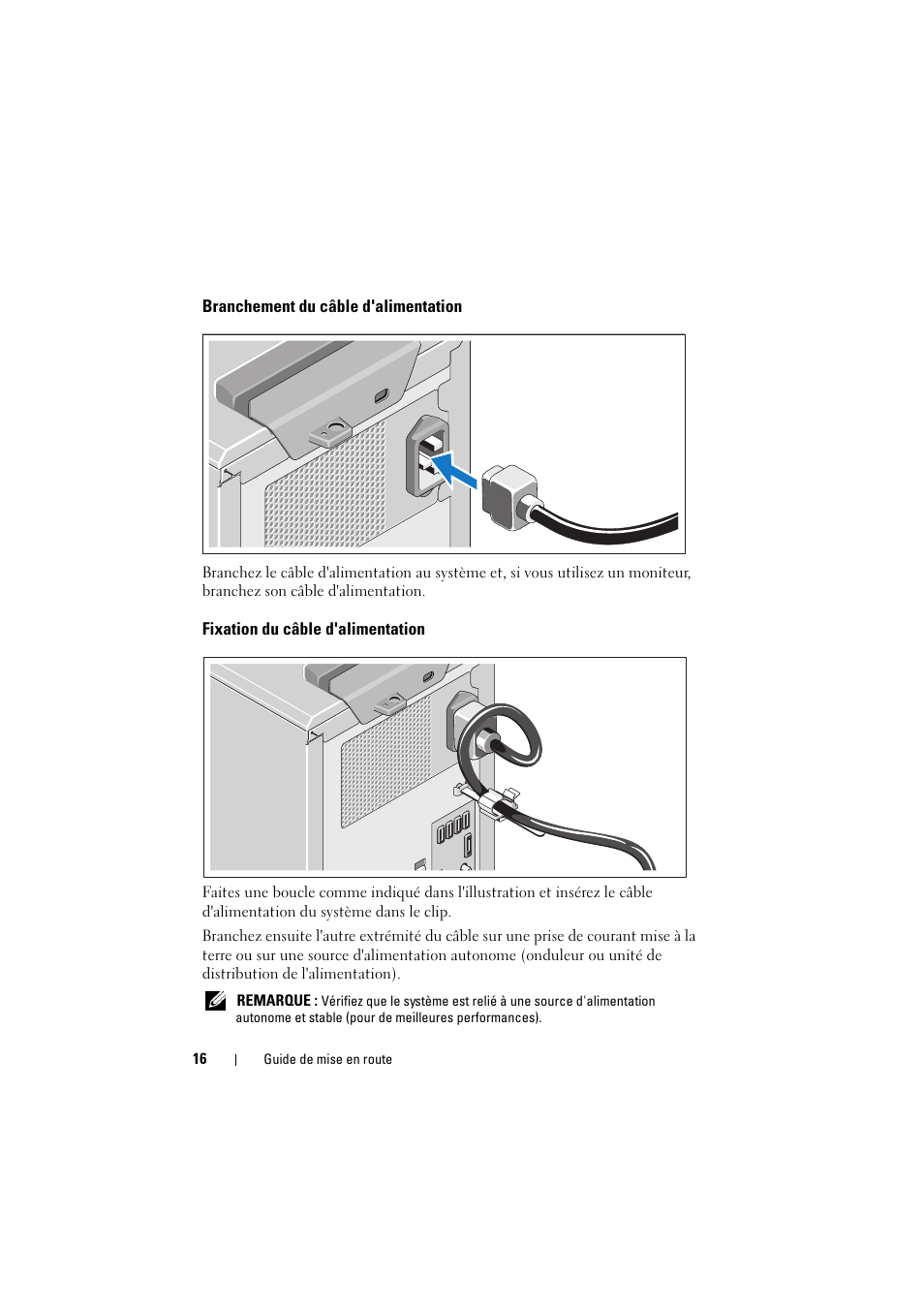 Branchement du câble d'alimentation, Fixation du câble d'alimentation | Dell PowerEdge T110 II User Manual | Page 18 / 50