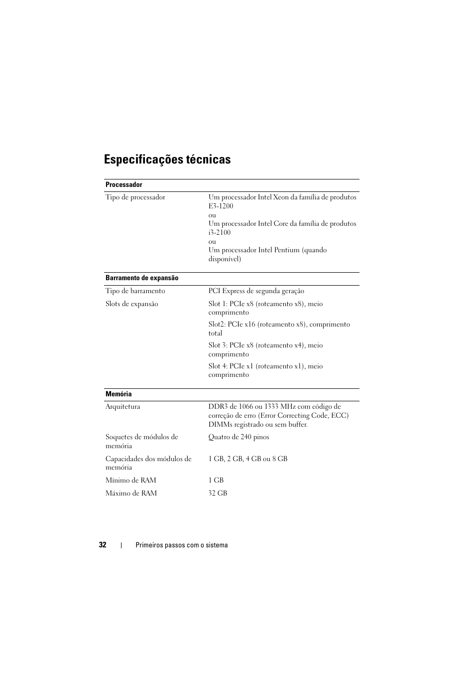 Especificações técnicas | Dell PowerEdge T110 II User Manual | Page 34 / 50