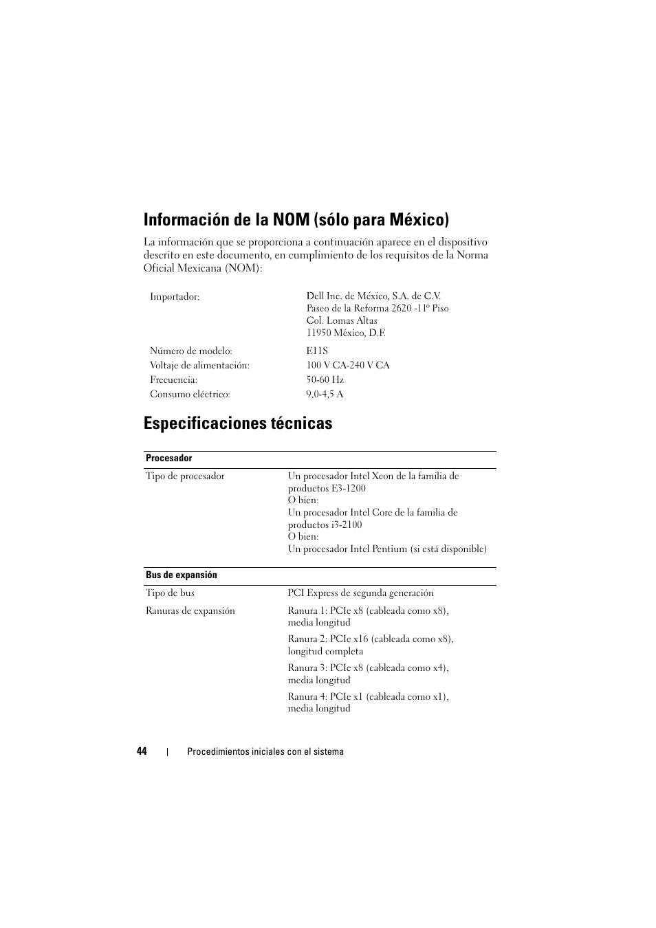 Información de la nom (sólo para méxico), Especificaciones técnicas | Dell PowerEdge T110 II User Manual | Page 46 / 50