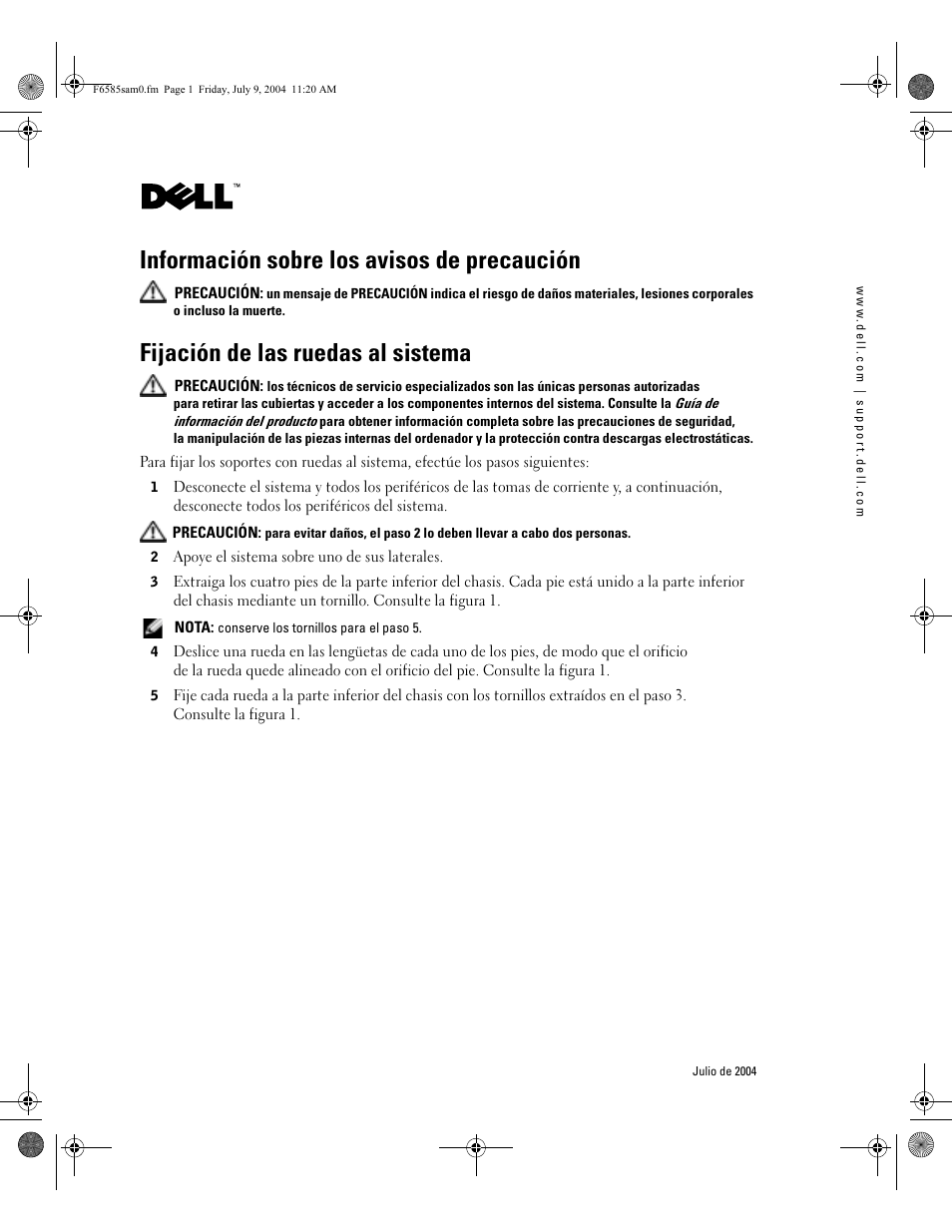Información sobre los avisos de precaución, Fijación de las ruedas al sistema | Dell PowerEdge 2800 User Manual | Page 13 / 14