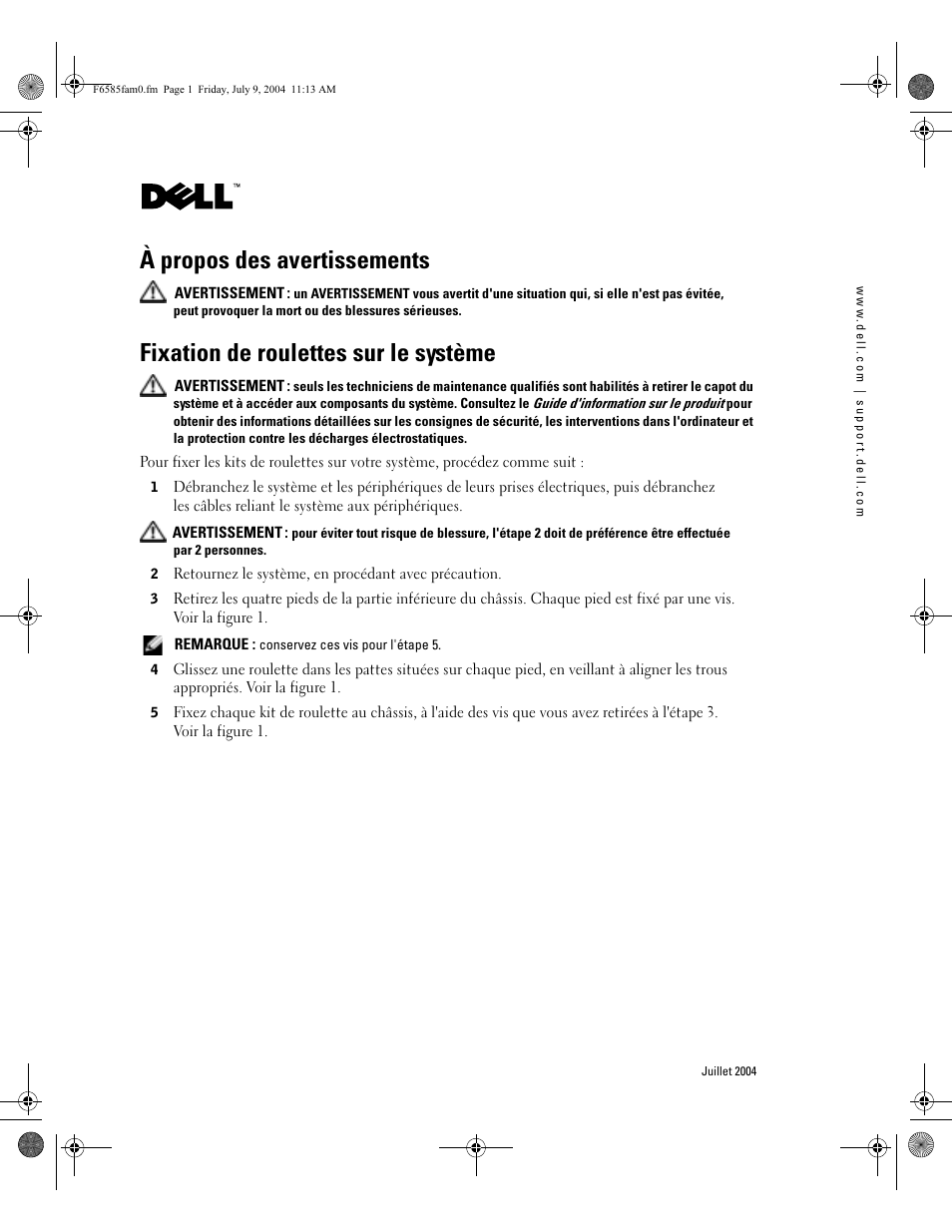 À propos des avertissements, Fixation de roulettes sur le système | Dell PowerEdge 2800 User Manual | Page 5 / 14