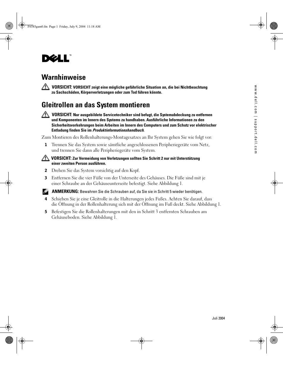 Warnhinweise, Gleitrollen an das system montieren | Dell PowerEdge 2800 User Manual | Page 7 / 14