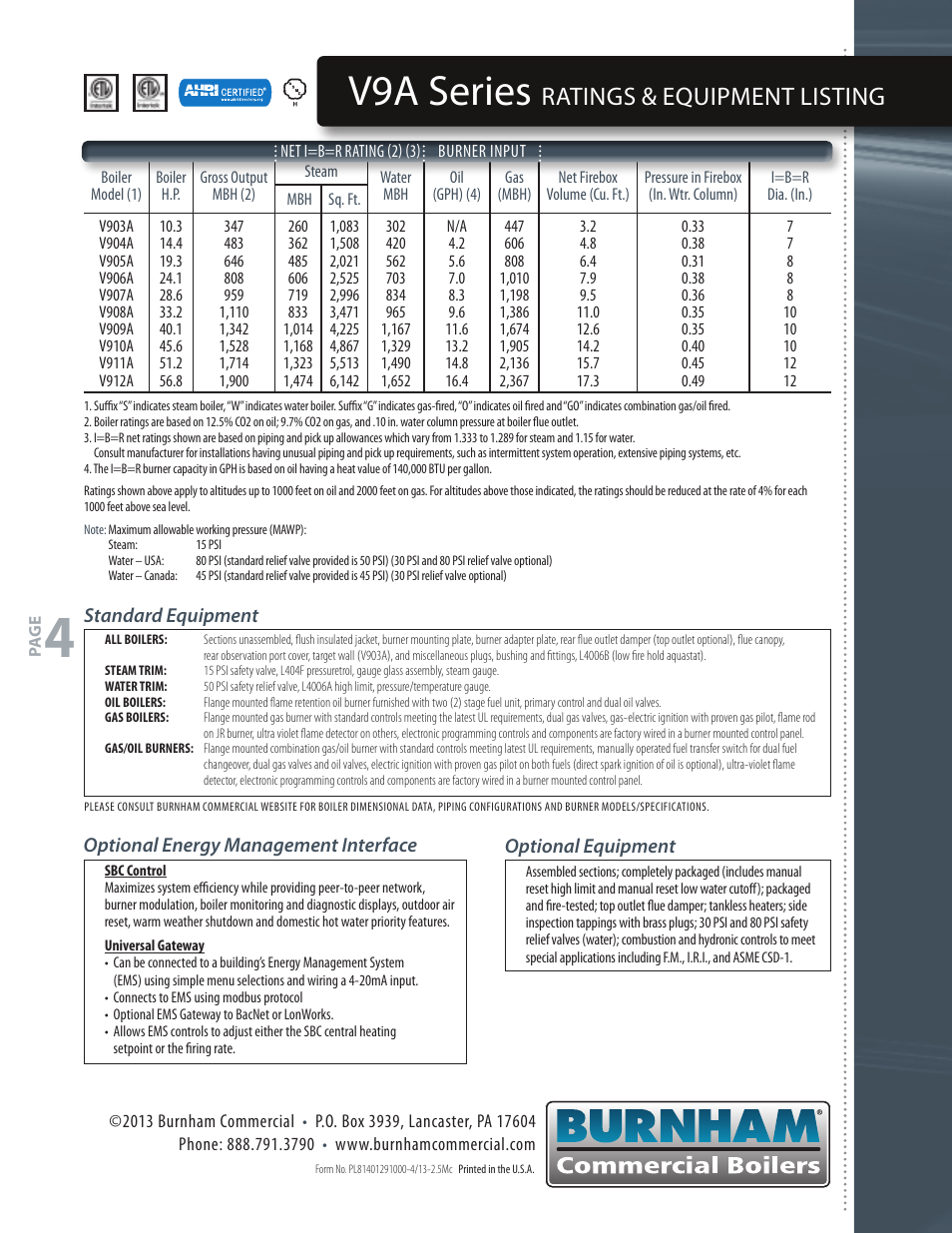 V9a series, Ratings & equipment listing | Burnham V9 User Manual | Page 4 / 4