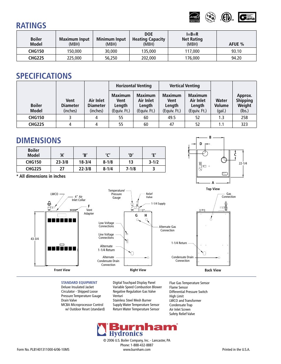 Ratings specifications dimensions | Burnham CHG User Manual | Page 4 / 4