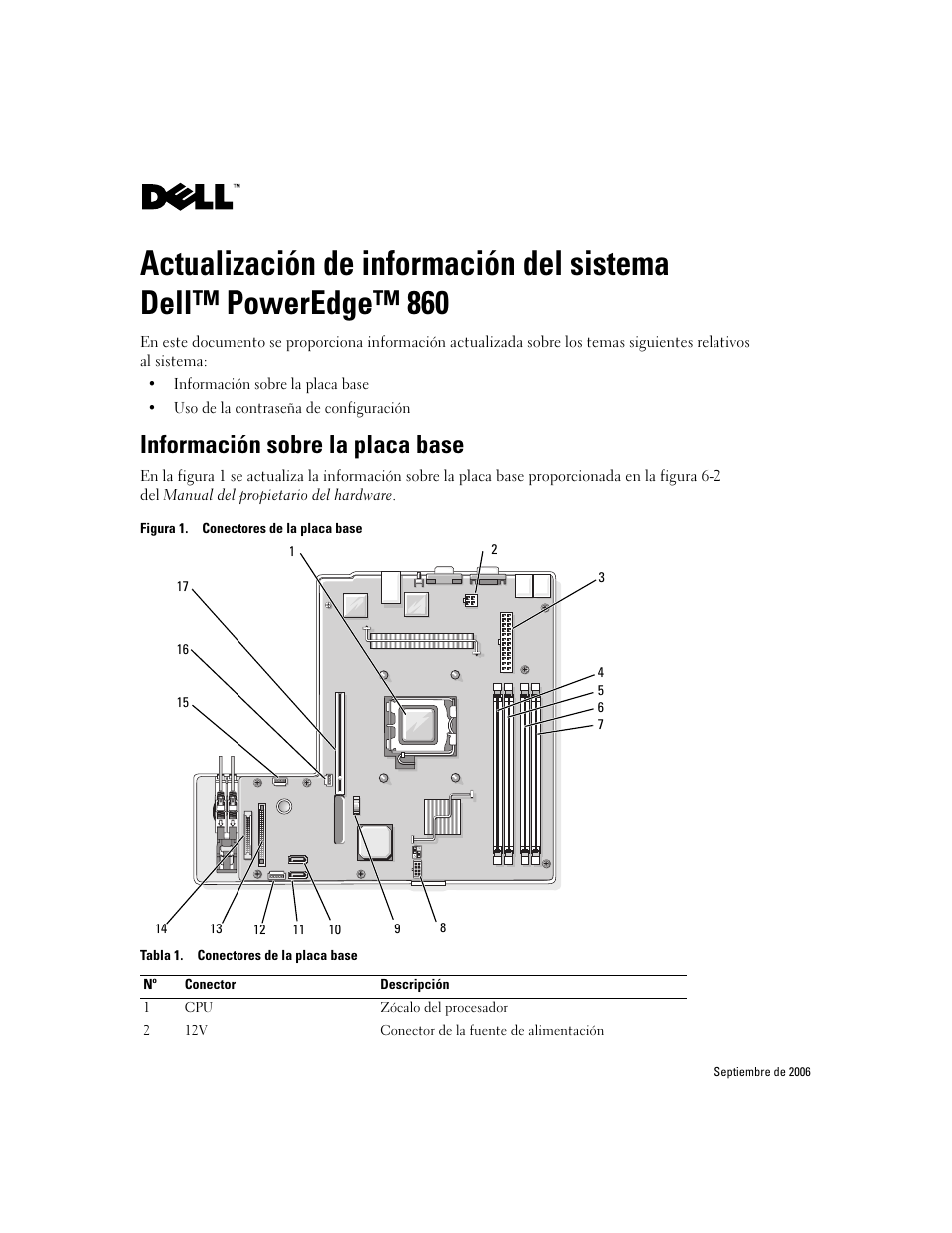 Información sobre la placa base | Dell PowerEdge 860 User Manual | Page 13 / 14