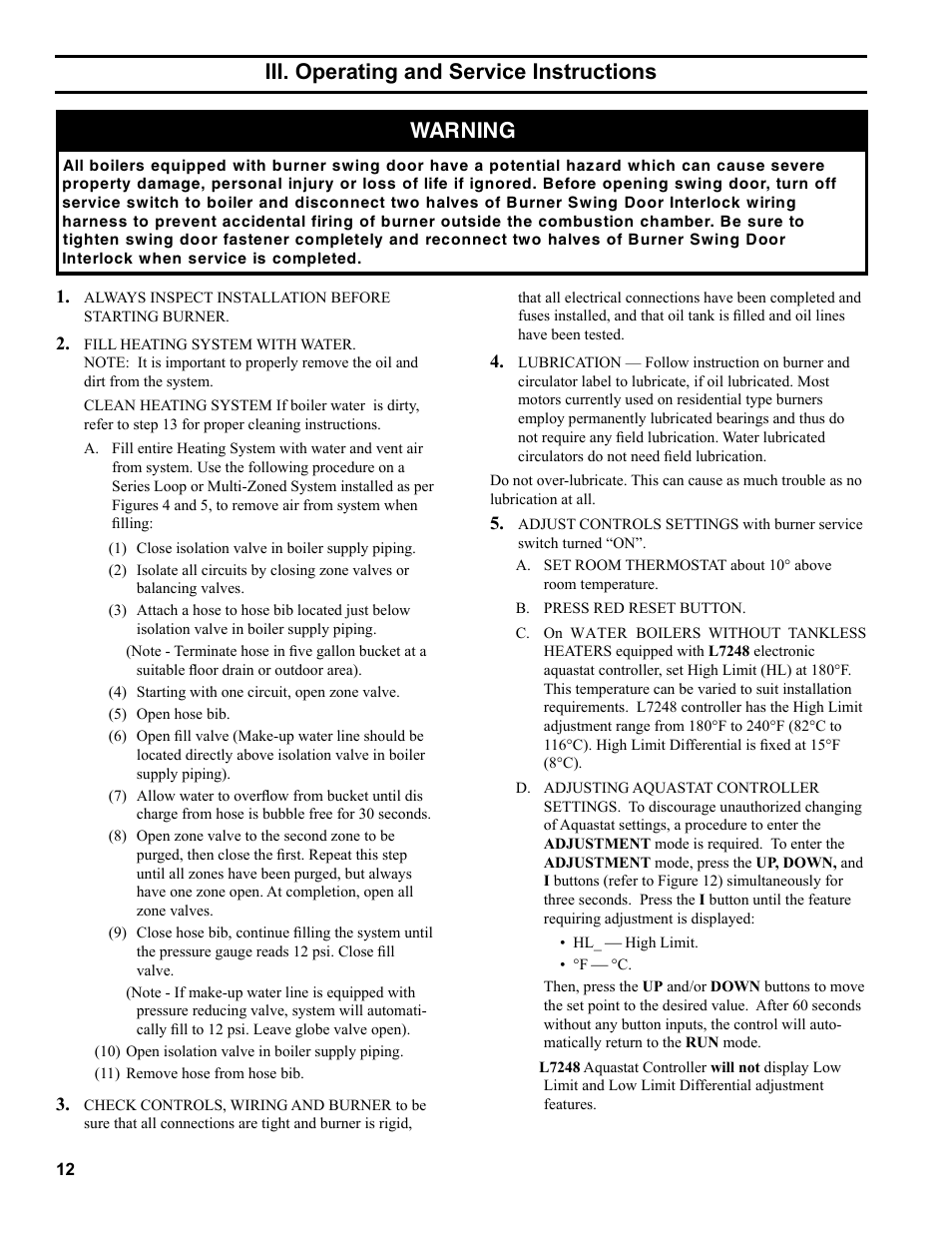 Iii. operating and service instructions | Burnham LE L7248 User Manual | Page 12 / 28