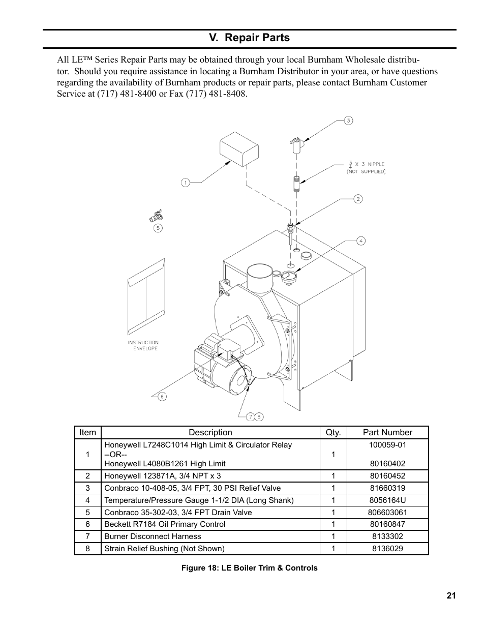 V. repair parts | Burnham LE L7248 User Manual | Page 21 / 28