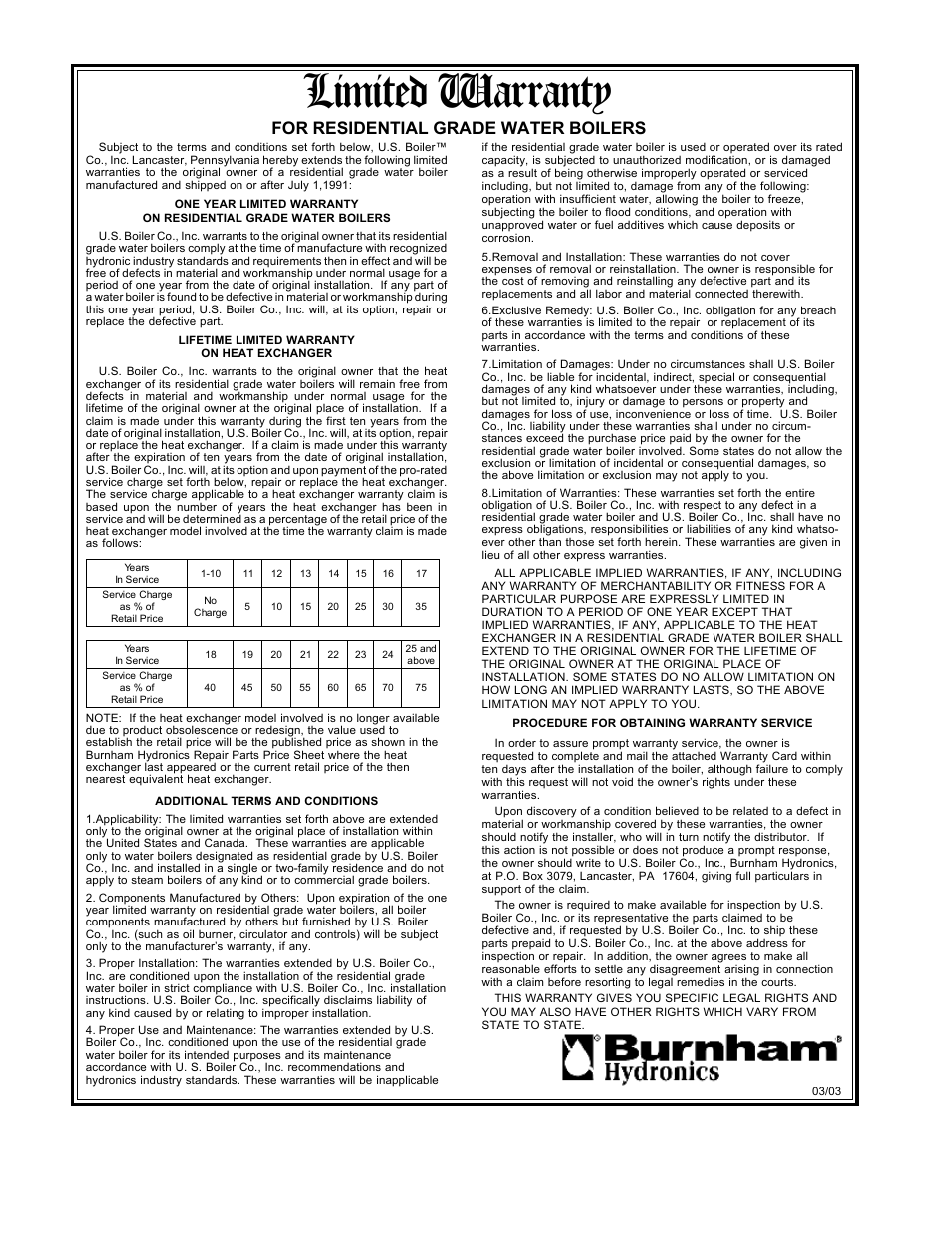 Limited warranty, For residential grade water boilers | Burnham LE L7248 User Manual | Page 28 / 28