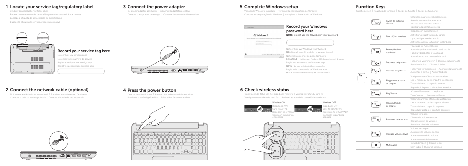 13 2 press the power button, Complete windows setup, Function keys | 5check wireless status, Connect the power adapter, Locate your service tag/regulatory label, Connect the network cable (optional), Record your windows password here, Record your service tag here | Dell Inspiron 15R (5521, Late 2012) User Manual | Page 2 / 2