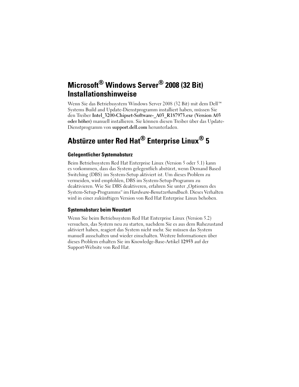 Abstürze unter red hat® enterprise linux® 5, Gelegentlicher systemabsturz, Systemabsturz beim neustart | Microsoft, Windows server, Abstürze unter red hat, Enterprise linux | Dell PowerEdge T100 User Manual | Page 11 / 21