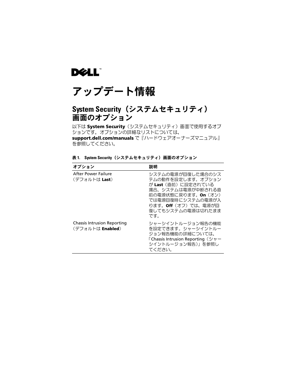 アップデート情報, System security（システムセキュリティ） 画面のオプション | Dell PowerEdge T100 User Manual | Page 13 / 21