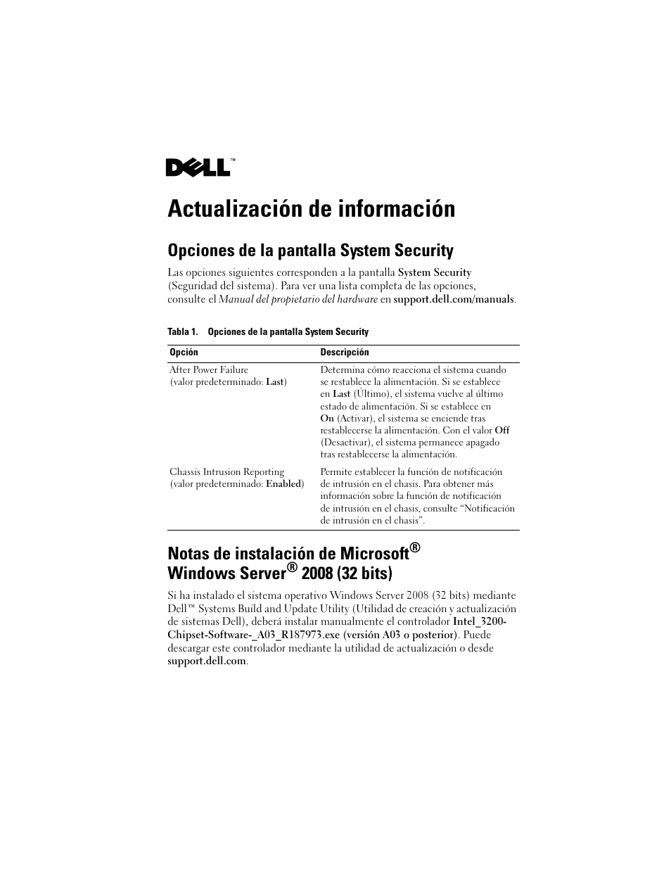 Actualización de información, Opciones de la pantalla system security, Notas de instalación de microsoft | Windows server | Dell PowerEdge T100 User Manual | Page 19 / 21