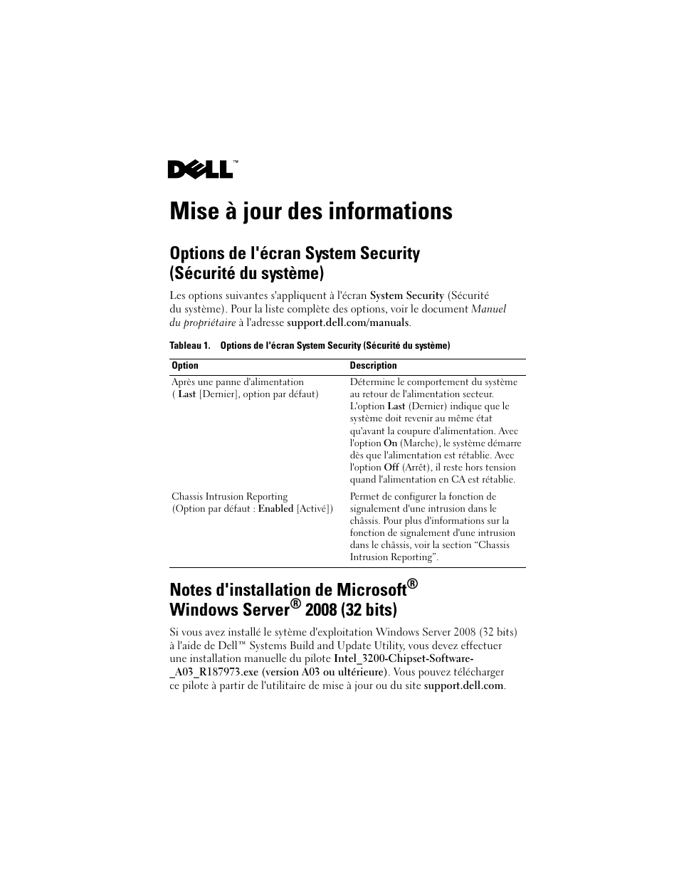 Mise à jour des informations, Windows server | Dell PowerEdge T100 User Manual | Page 7 / 21