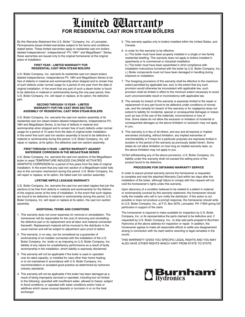 Limited warranty, For residential cast iron steam boilers | Burnham MST396 User Manual | Page 64 / 64