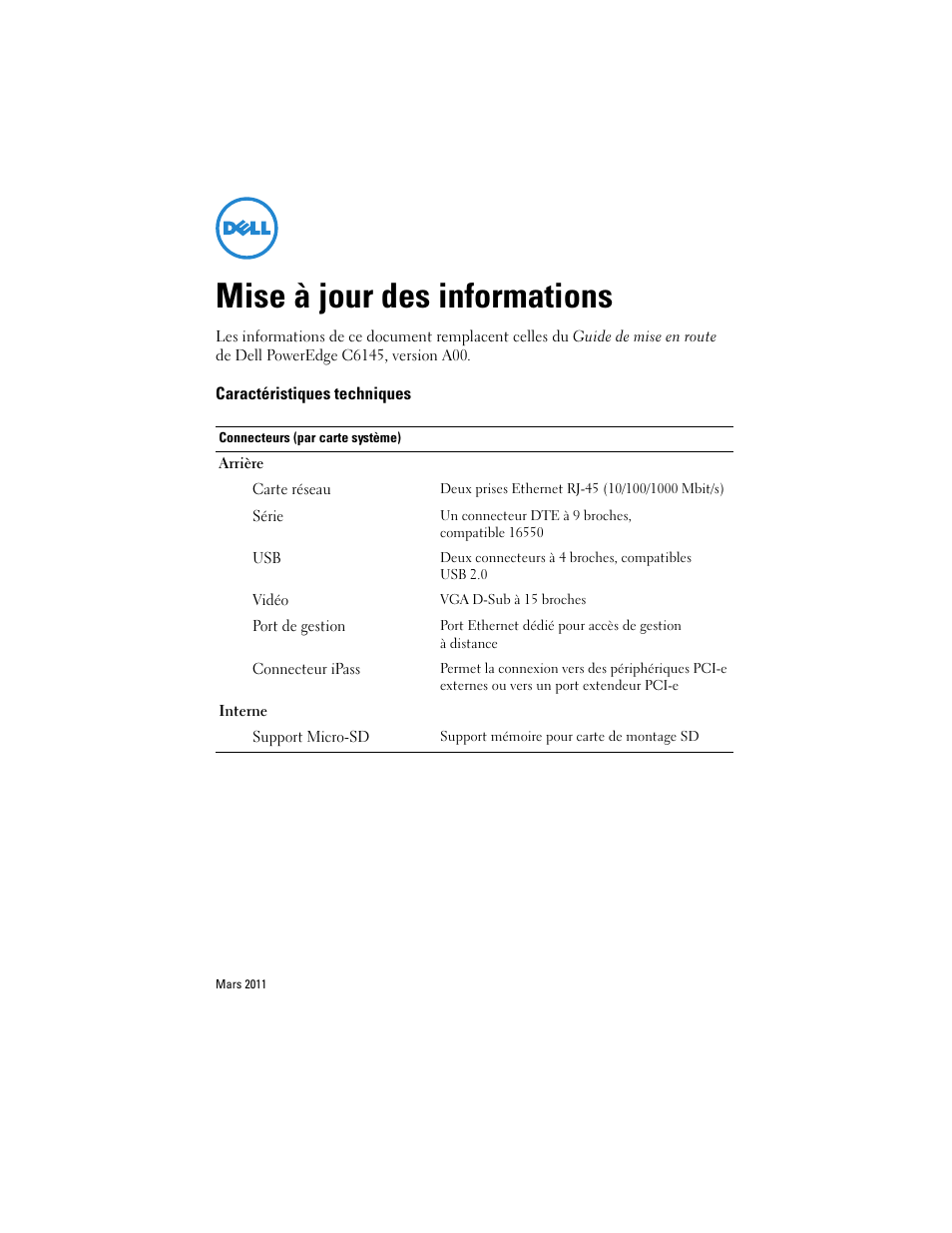 Mise à jour des informations, Caractéristiques techniques | Dell PowerEdge C6145 User Manual | Page 5 / 16