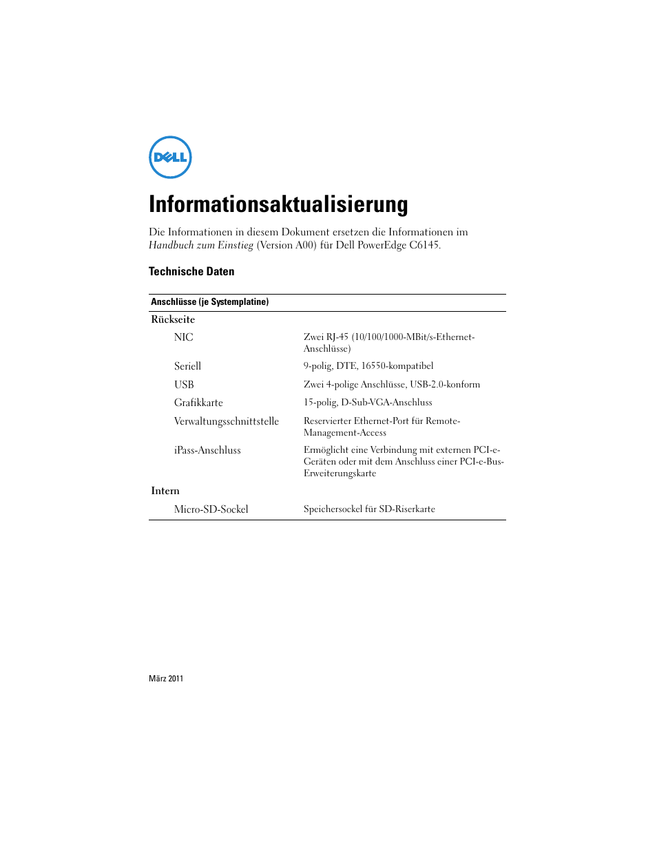 Informationsaktualisierung, Technische daten | Dell PowerEdge C6145 User Manual | Page 7 / 16