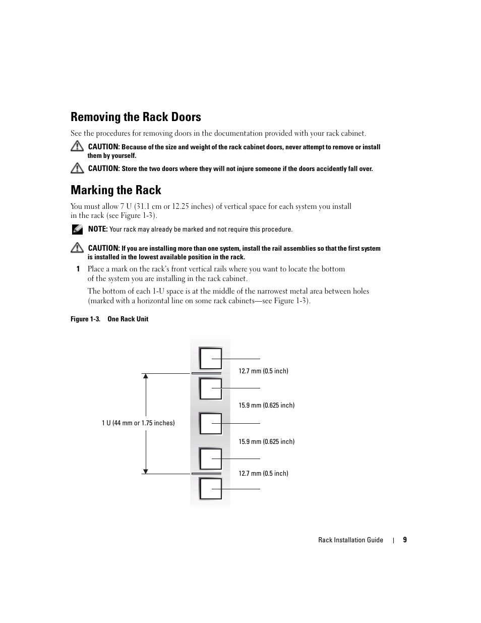 Removing the rack doors, Marking the rack, Figure 1-3 | One rack unit | Dell POWEREDGE 1955 User Manual | Page 11 / 88