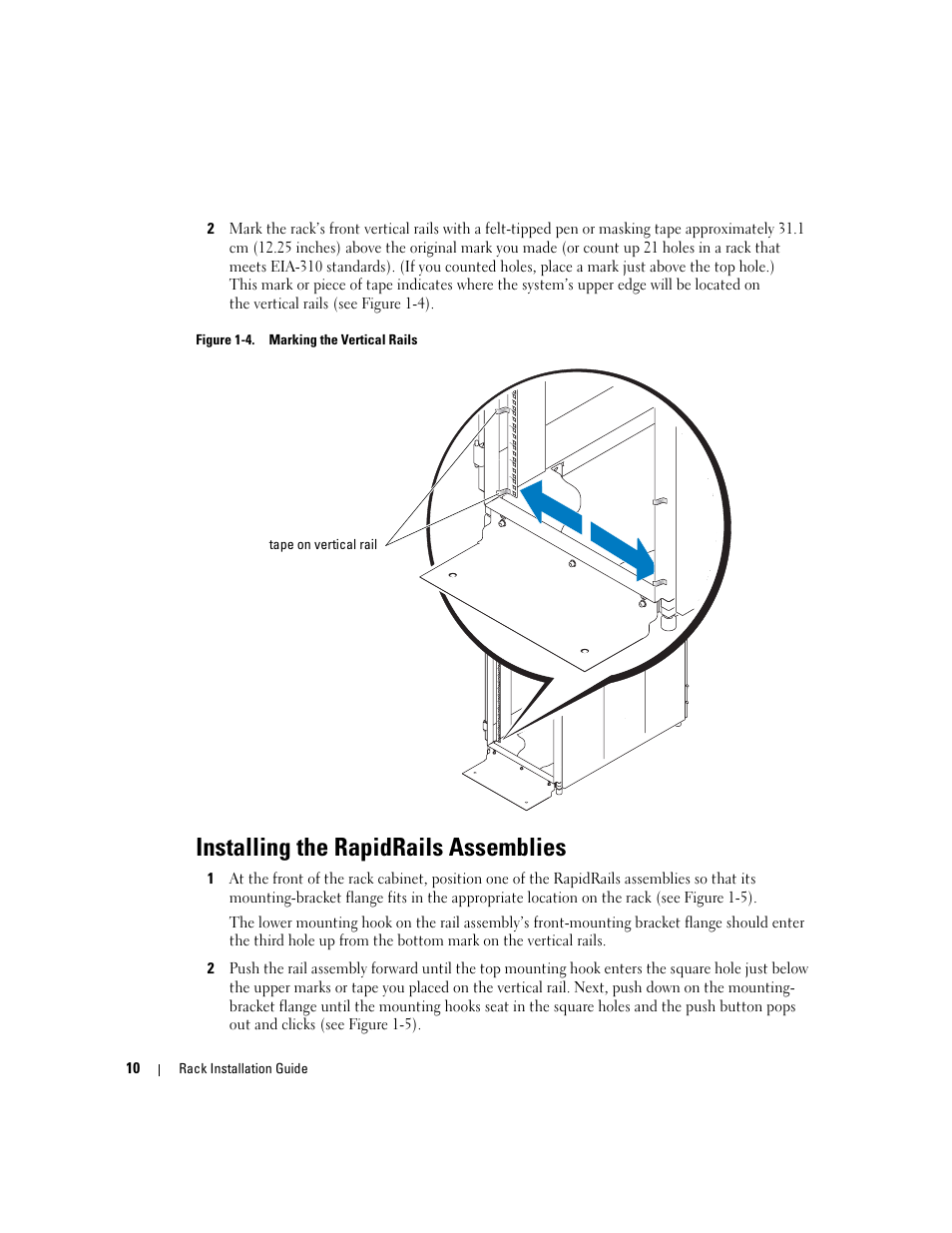 Installing the rapidrails assemblies, Figure 1-4, Marking the vertical rails | Dell POWEREDGE 1955 User Manual | Page 12 / 88