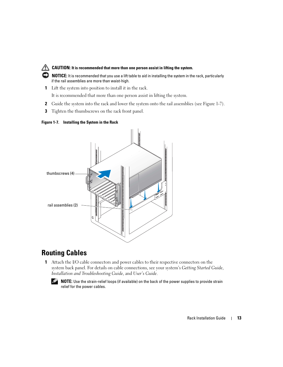 Routing cables, Figure 1-7, Installing the system in the rack | Dell POWEREDGE 1955 User Manual | Page 15 / 88