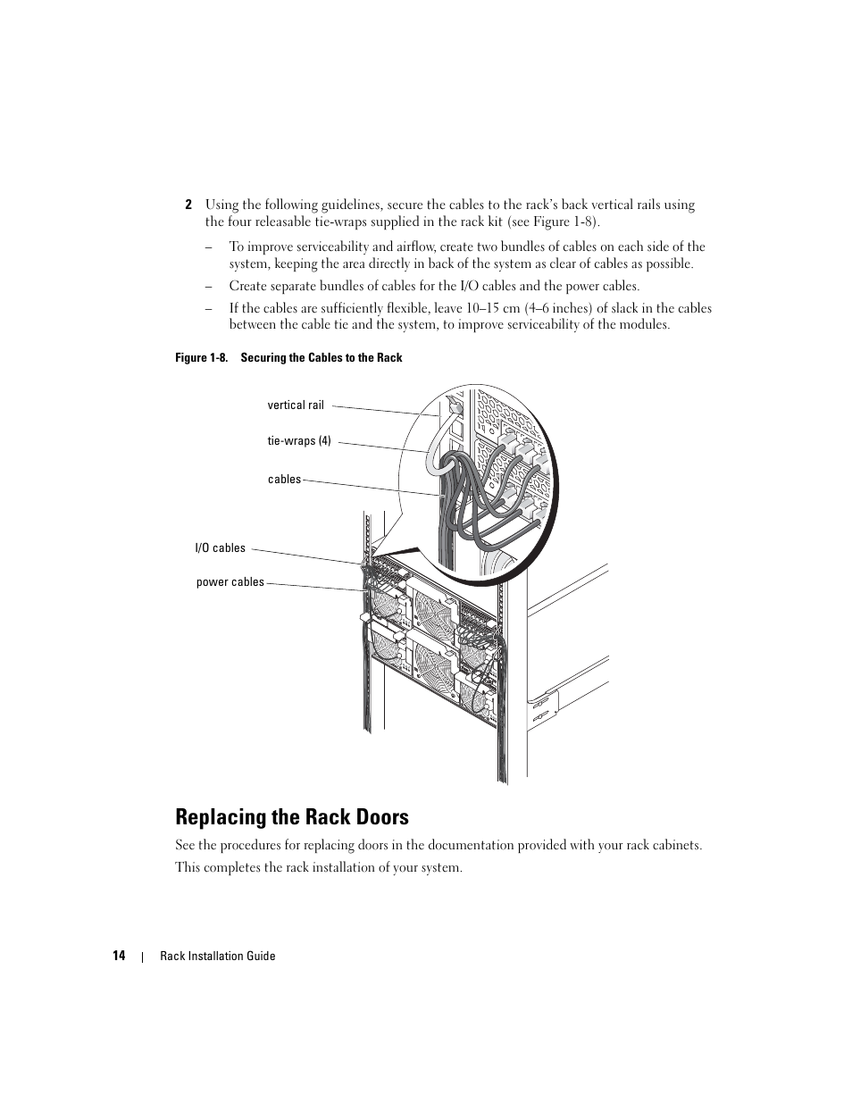 Replacing the rack doors, Figure 1-8, Securing the cables to the rack | Dell POWEREDGE 1955 User Manual | Page 16 / 88