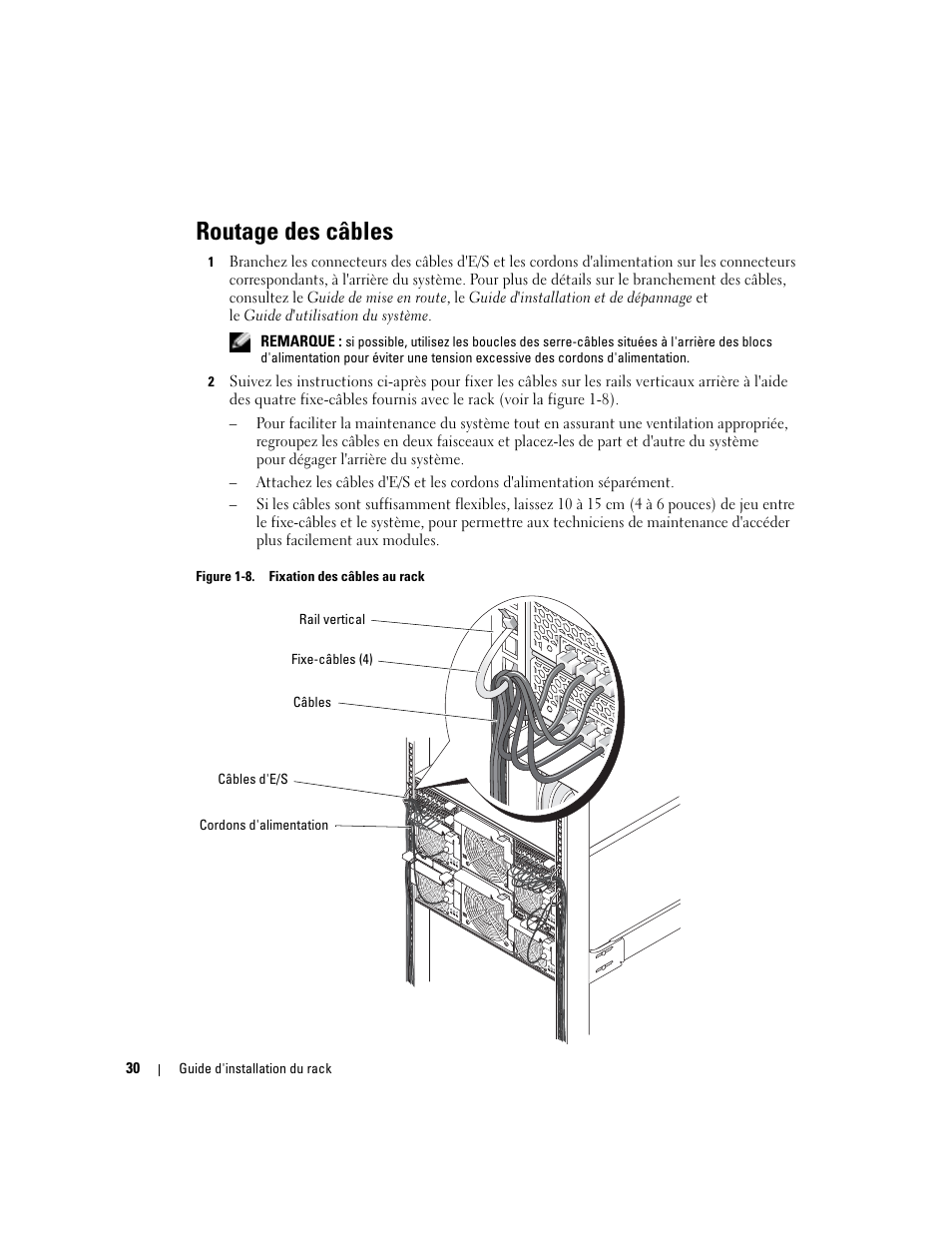 Routage des câbles, Figure 1-8, Fixation des câbles au rack | Dell POWEREDGE 1955 User Manual | Page 32 / 88