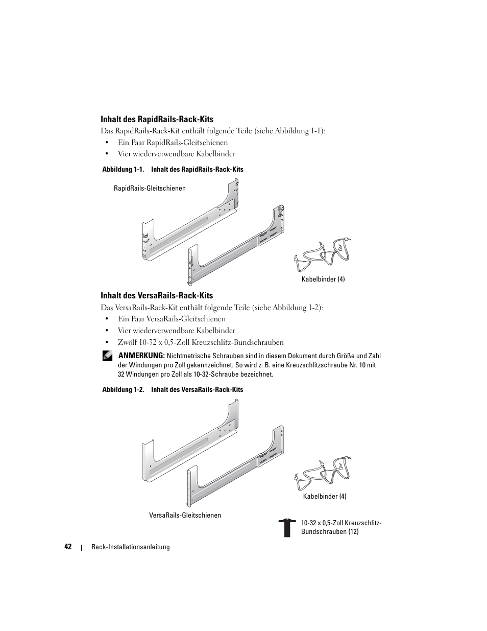 Inhalt des rapidrails-rack-kits, Inhalt des versarails-rack-kits, Abbildung 1-1 | Abbildung 1-2 | Dell POWEREDGE 1955 User Manual | Page 44 / 88