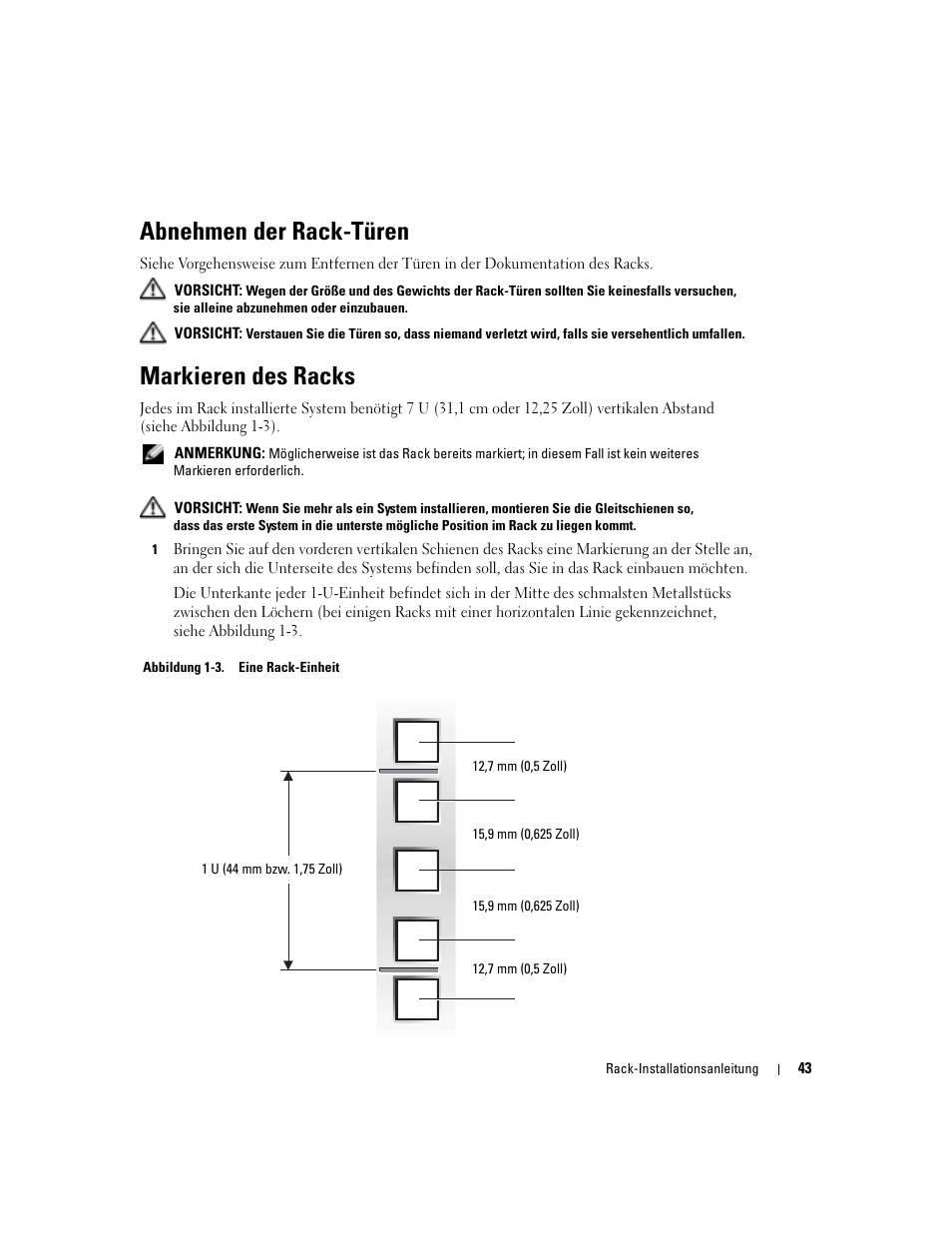Abnehmen der rack-türen, Markieren des racks, Abbildung 1-3 | Eine rack-einheit | Dell POWEREDGE 1955 User Manual | Page 45 / 88