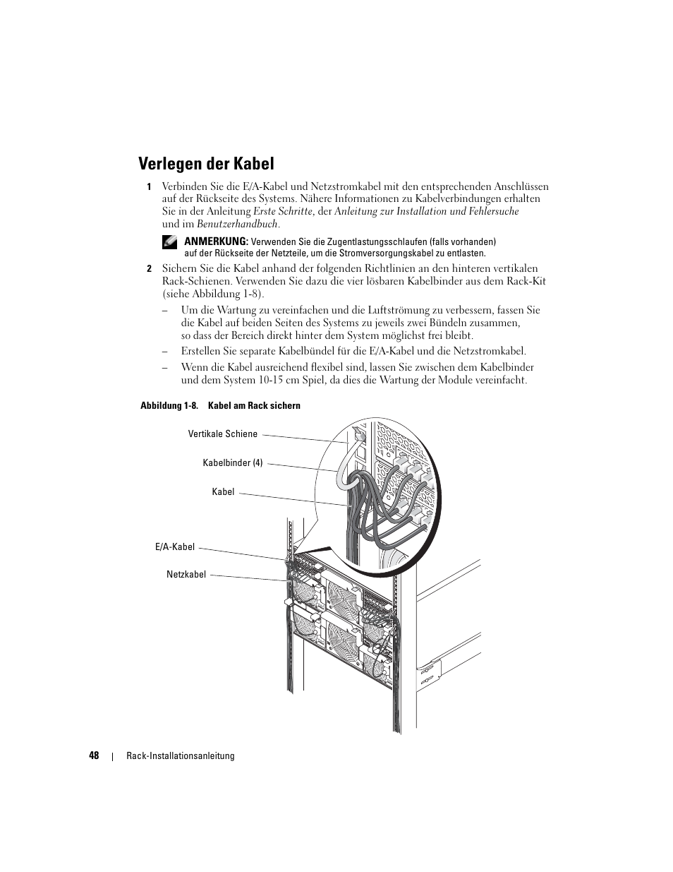 Verlegen der kabel, Abbildung 1-8, Kabel am rack sichern | Dell POWEREDGE 1955 User Manual | Page 50 / 88