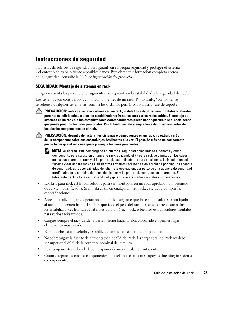 Instrucciones de seguridad, Seguridad: montaje de sistemas en rack | Dell POWEREDGE 1955 User Manual | Page 75 / 88
