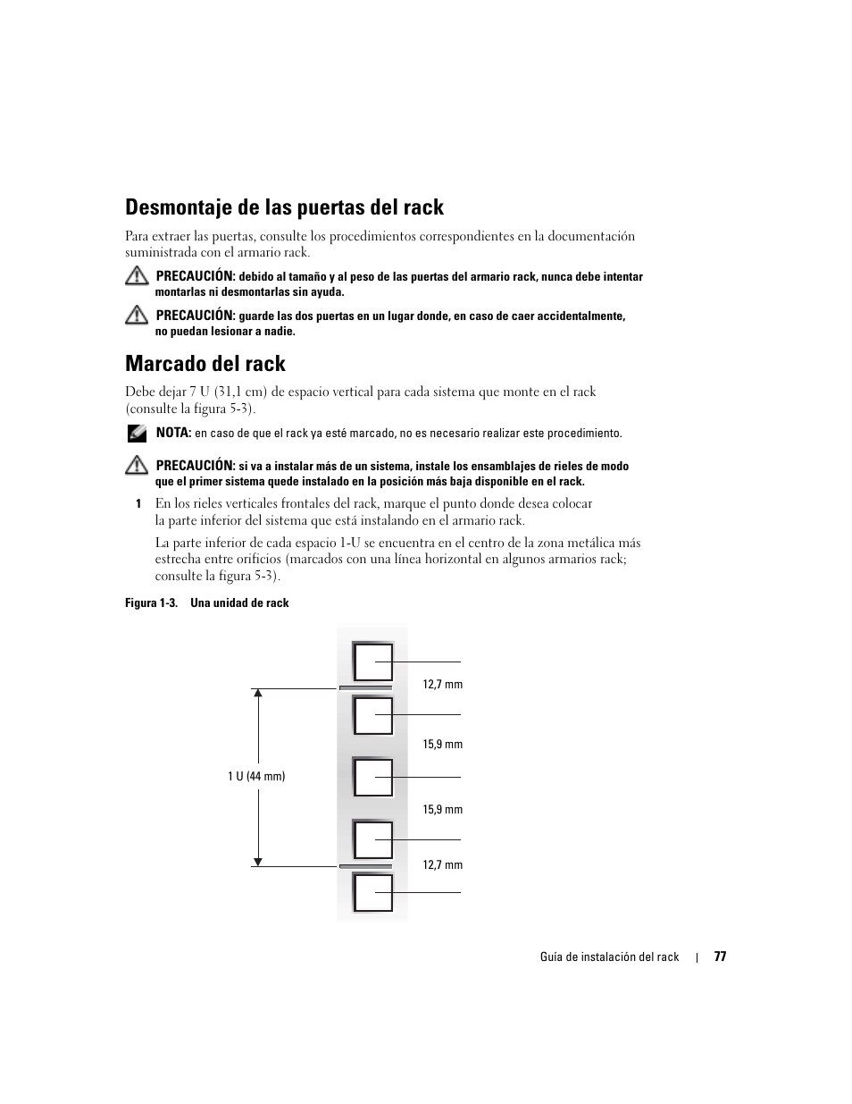 Desmontaje de las puertas del rack, Marcado del rack, Figura 1-3 | Una unidad de rack | Dell POWEREDGE 1955 User Manual | Page 79 / 88