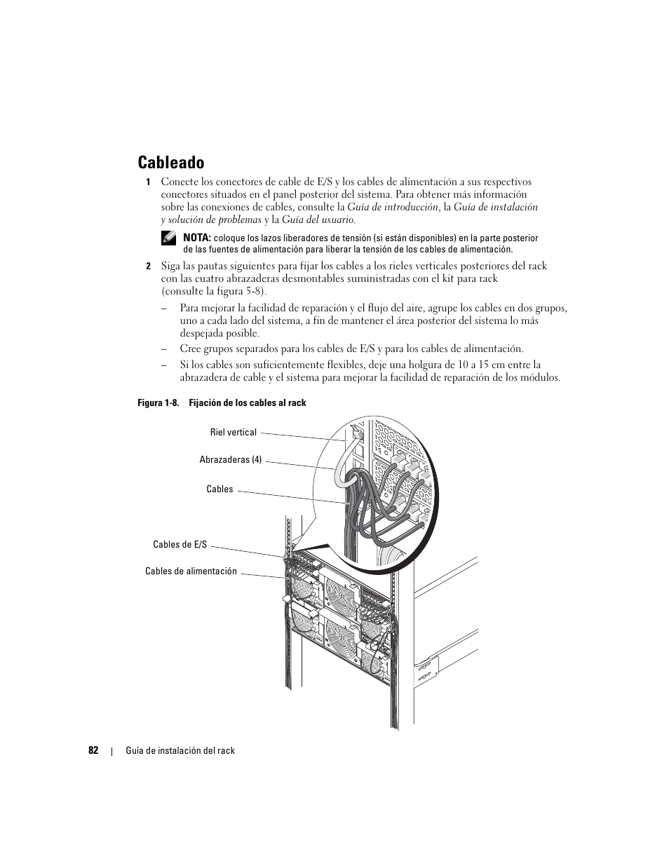 Cableado, Figura 1-8, Fijación de los cables al rack | Dell POWEREDGE 1955 User Manual | Page 84 / 88