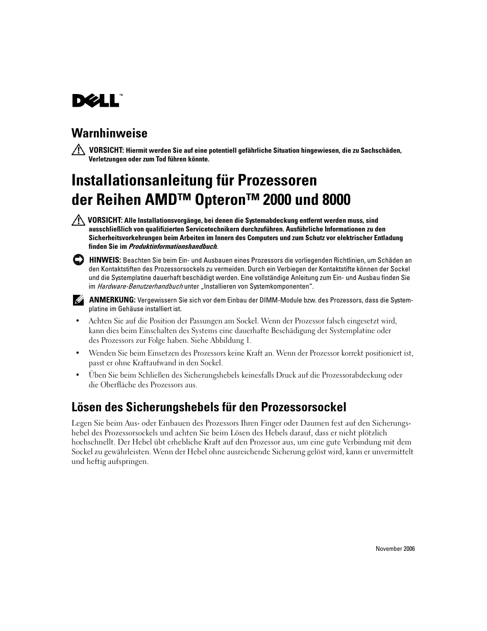 Lösen des sicherungshebels für den prozessorsockel, Warnhinweise | Dell PowerEdge R905 User Manual | Page 10 / 21