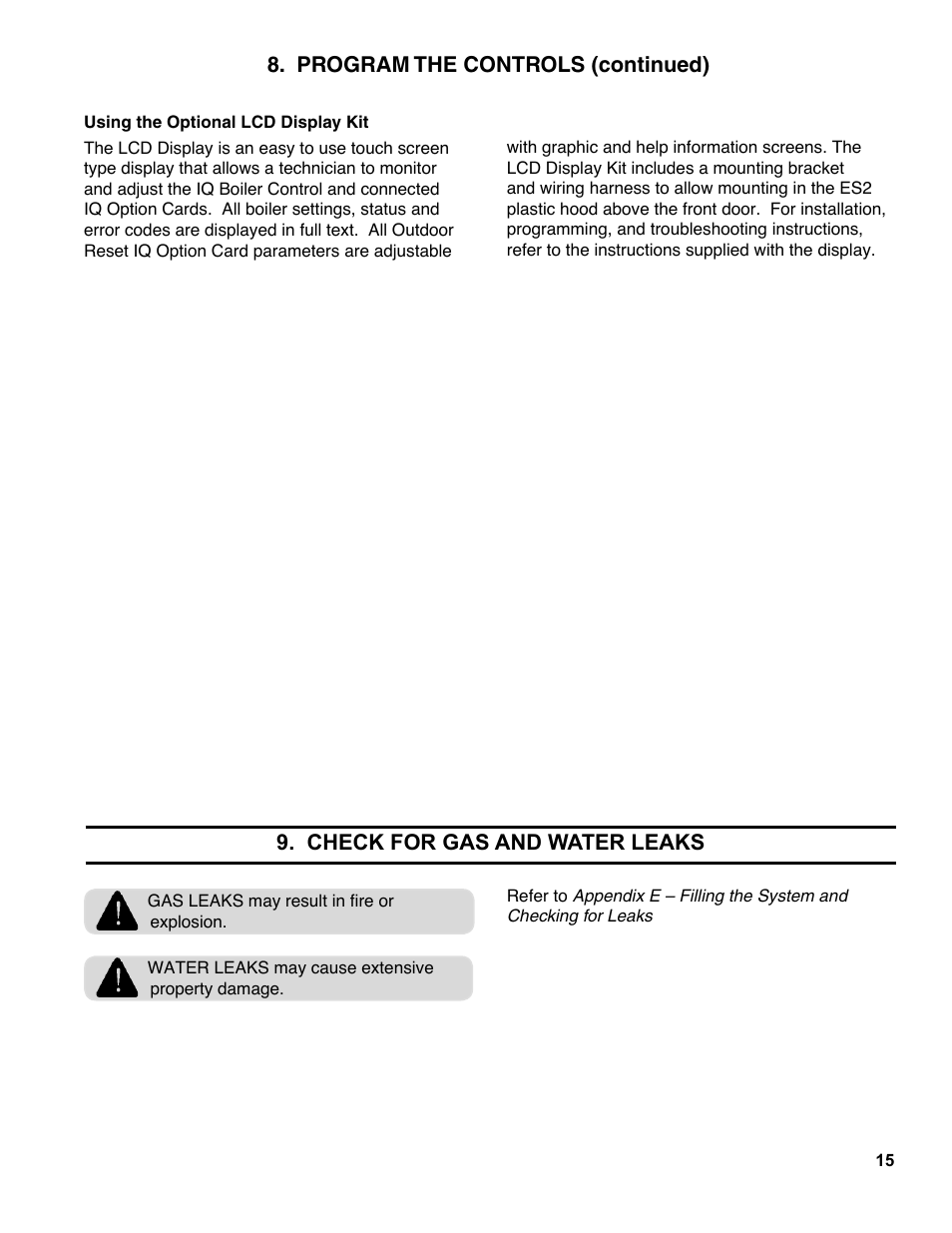 Check for gas and water leaks, Program the controls (continued) | Burnham ES2 User Manual | Page 15 / 52