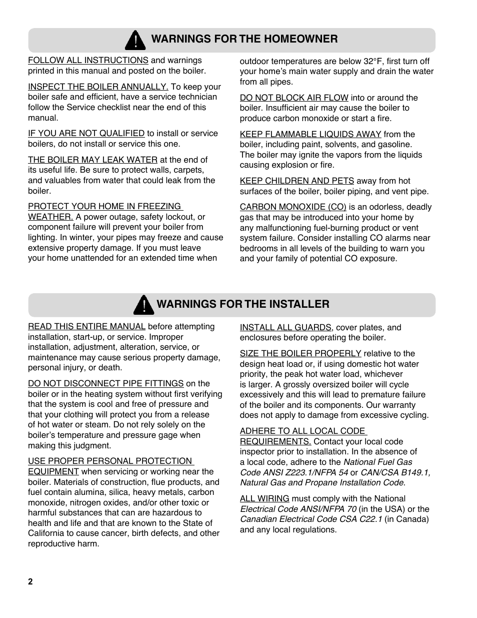 Warnings for the homeowner, Warnings for the installer | Burnham ES2 User Manual | Page 2 / 52