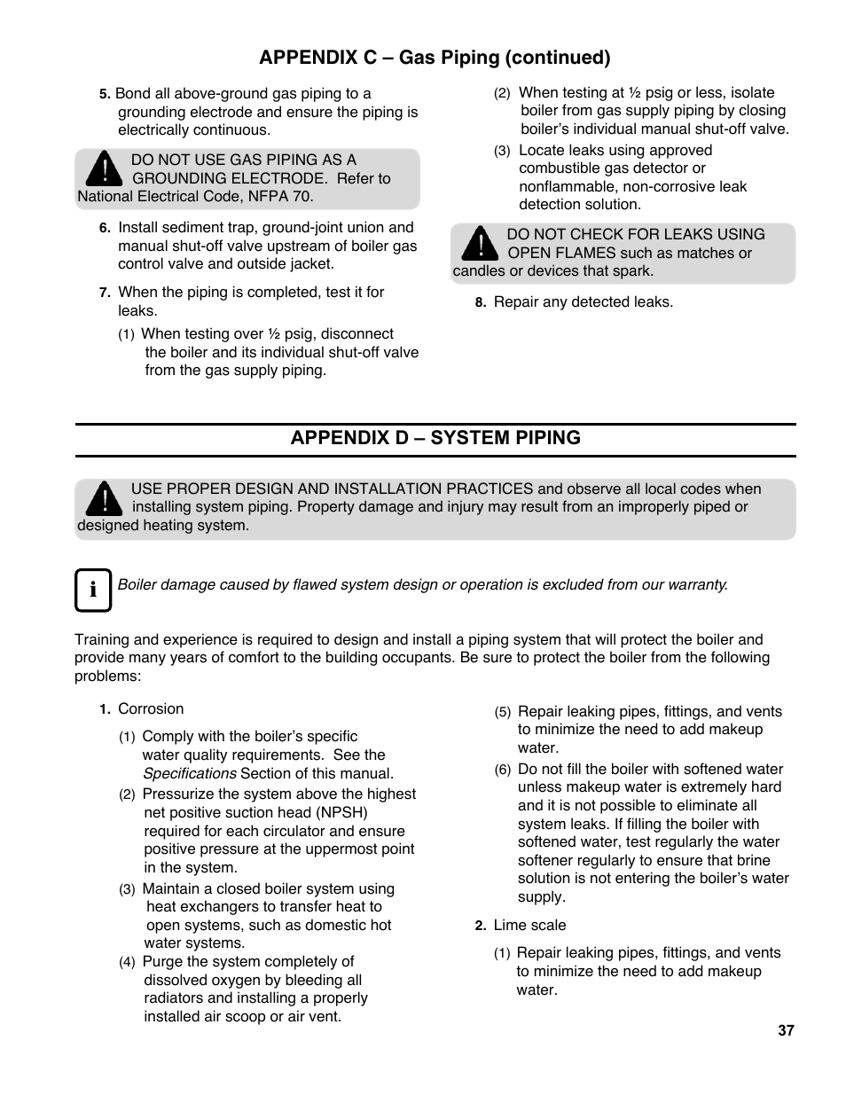 Appendix c – gas piping (continued), Appendix d – system piping | Burnham ES2 User Manual | Page 37 / 52