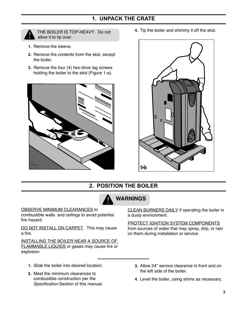 Unpack the crate, Position the boiler warnings | Burnham ES2 User Manual | Page 7 / 52
