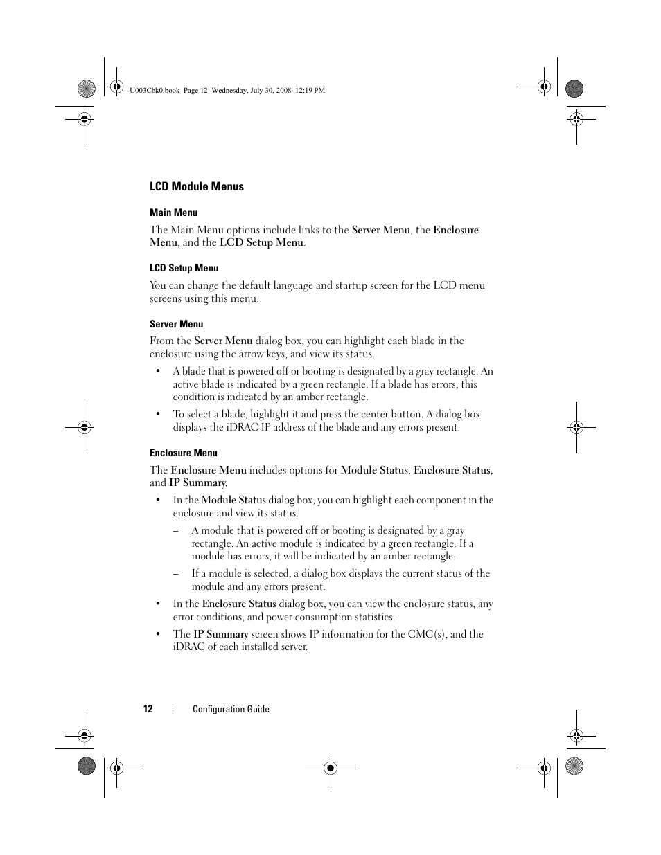Lcd module menus, Main menu, Lcd setup menu | Server menu, Enclosure menu | Dell PowerEdge M600 User Manual | Page 14 / 232