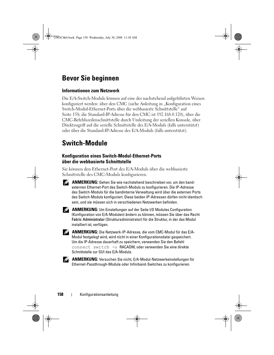 Bevor sie beginnen, Informationen zum netzwerk, Switch-module | Dell PowerEdge M600 User Manual | Page 160 / 232