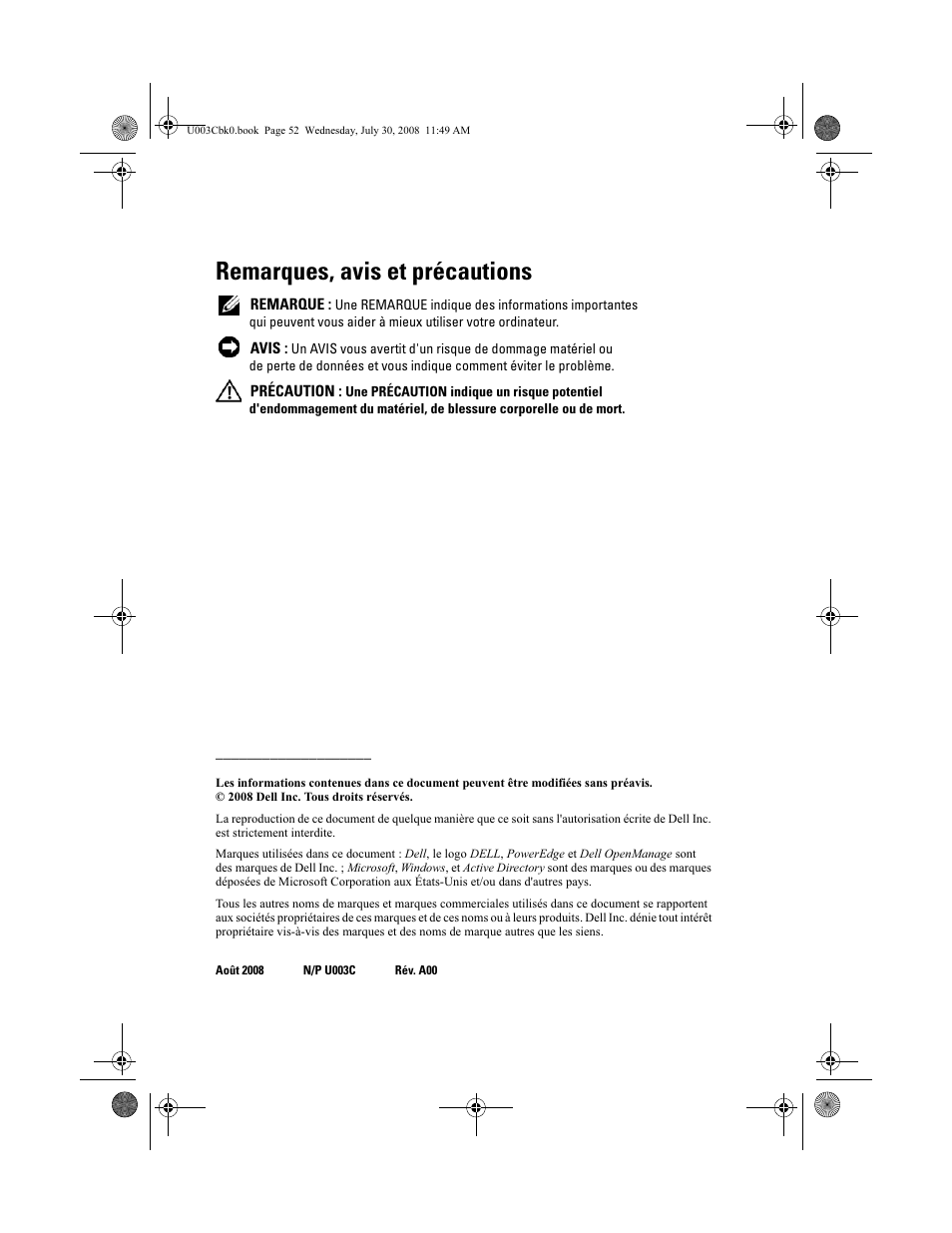 Remarques, avis et précautions | Dell PowerEdge M600 User Manual | Page 54 / 232