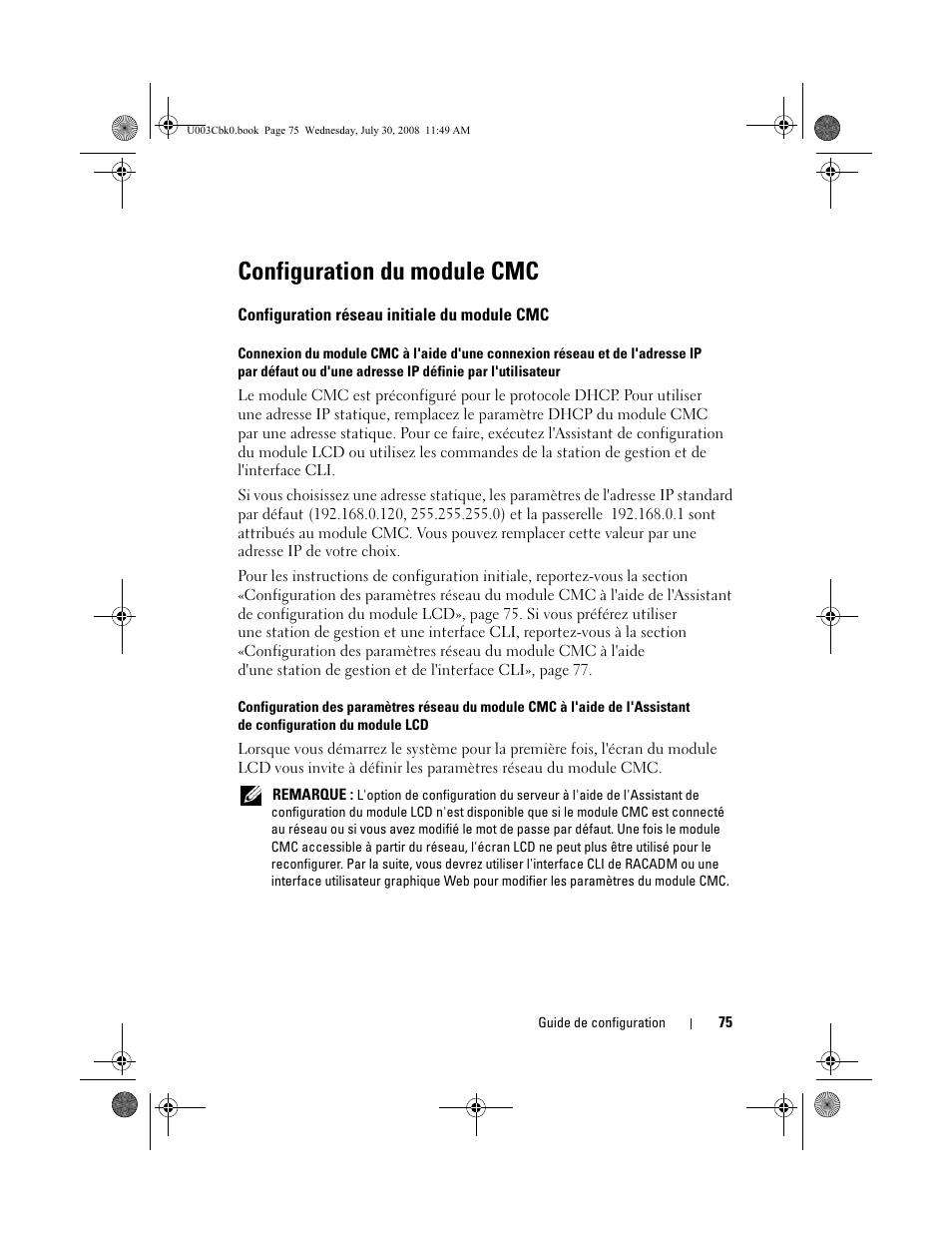 Configuration du module cmc, Configuration réseau initiale du module cmc | Dell PowerEdge M600 User Manual | Page 77 / 232