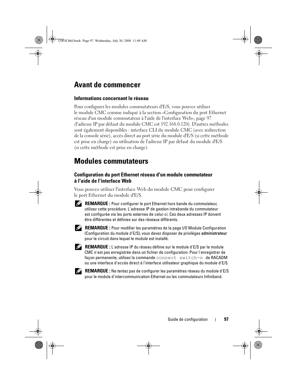 Avant de commencer, Informations concernant le réseau, Modules commutateurs | Dell PowerEdge M600 User Manual | Page 99 / 232