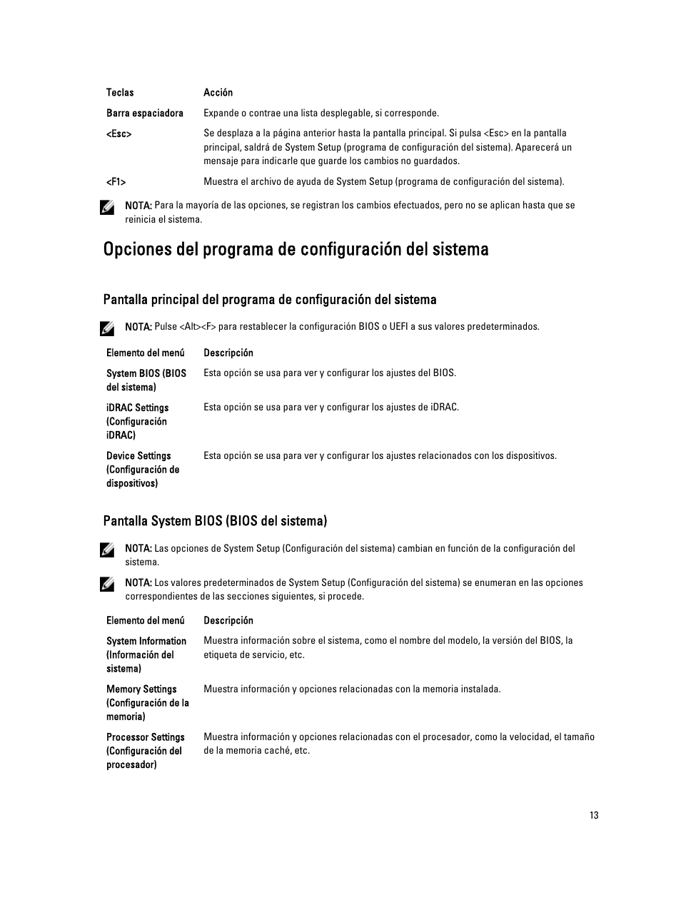 Opciones del programa de configuración del sistema, Pantalla system bios (bios del sistema) | Dell PowerEdge VRTX User Manual | Page 13 / 173