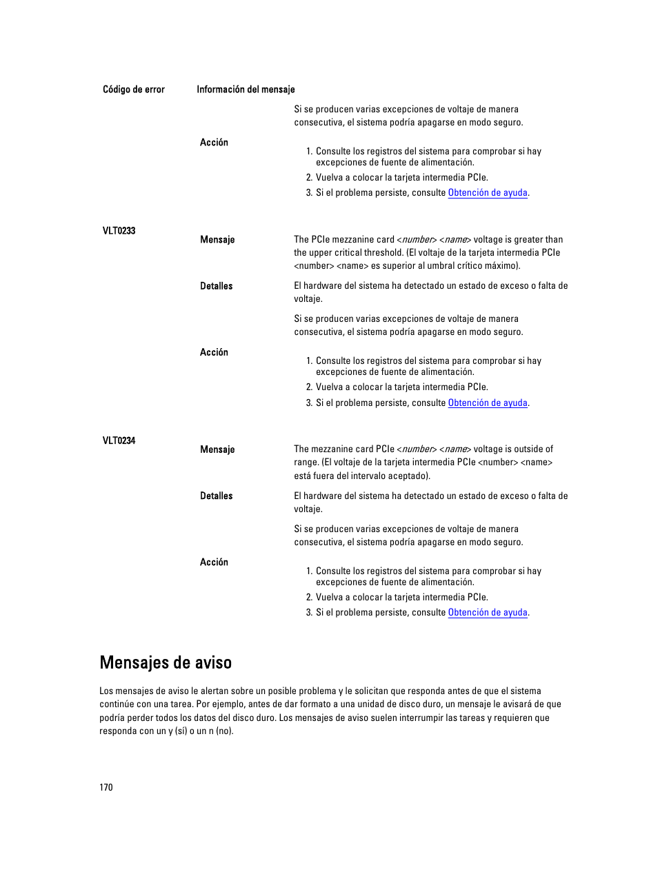 Mensajes de aviso | Dell PowerEdge VRTX User Manual | Page 170 / 173