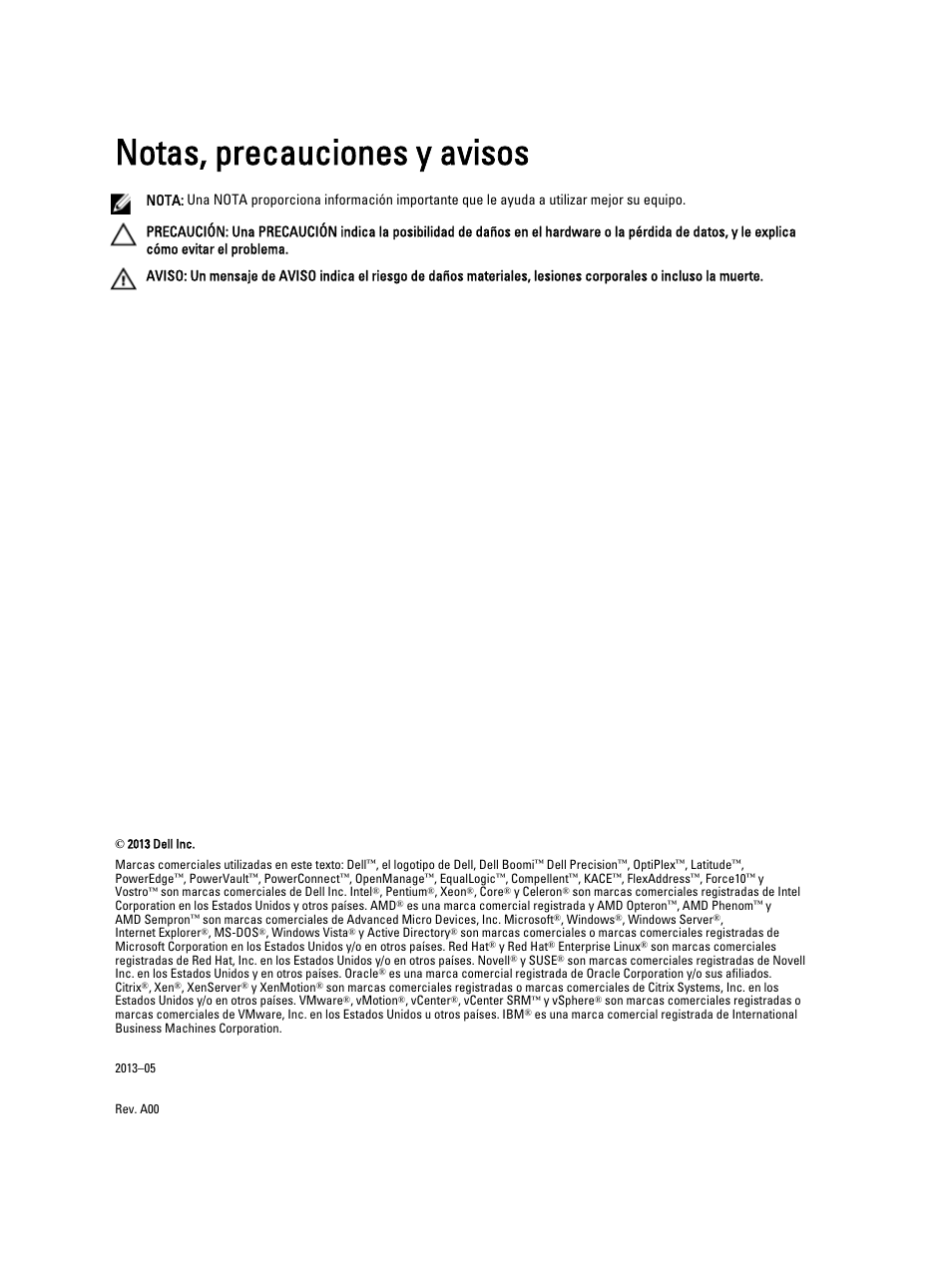 Notas, precauciones y avisos | Dell PowerEdge VRTX User Manual | Page 2 / 173