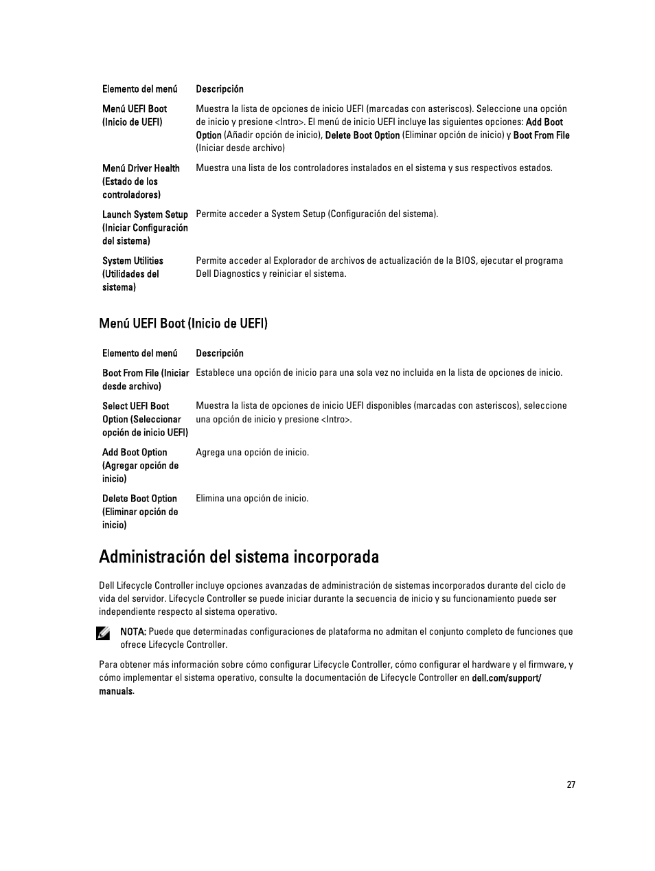Menú uefi boot (inicio de uefi), Administración del sistema incorporada | Dell PowerEdge VRTX User Manual | Page 27 / 173