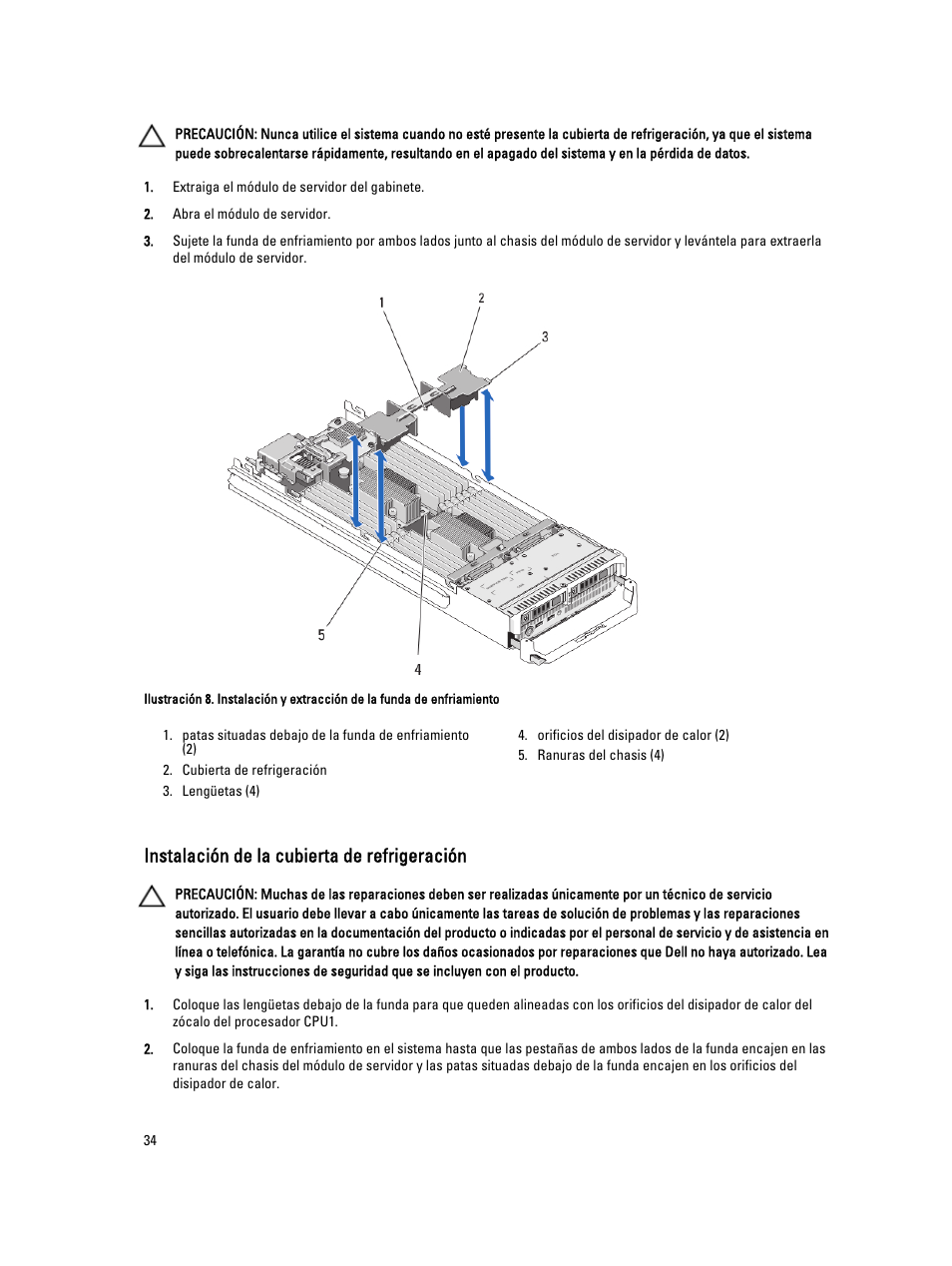 Instalación de la cubierta de refrigeración | Dell PowerEdge VRTX User Manual | Page 34 / 173