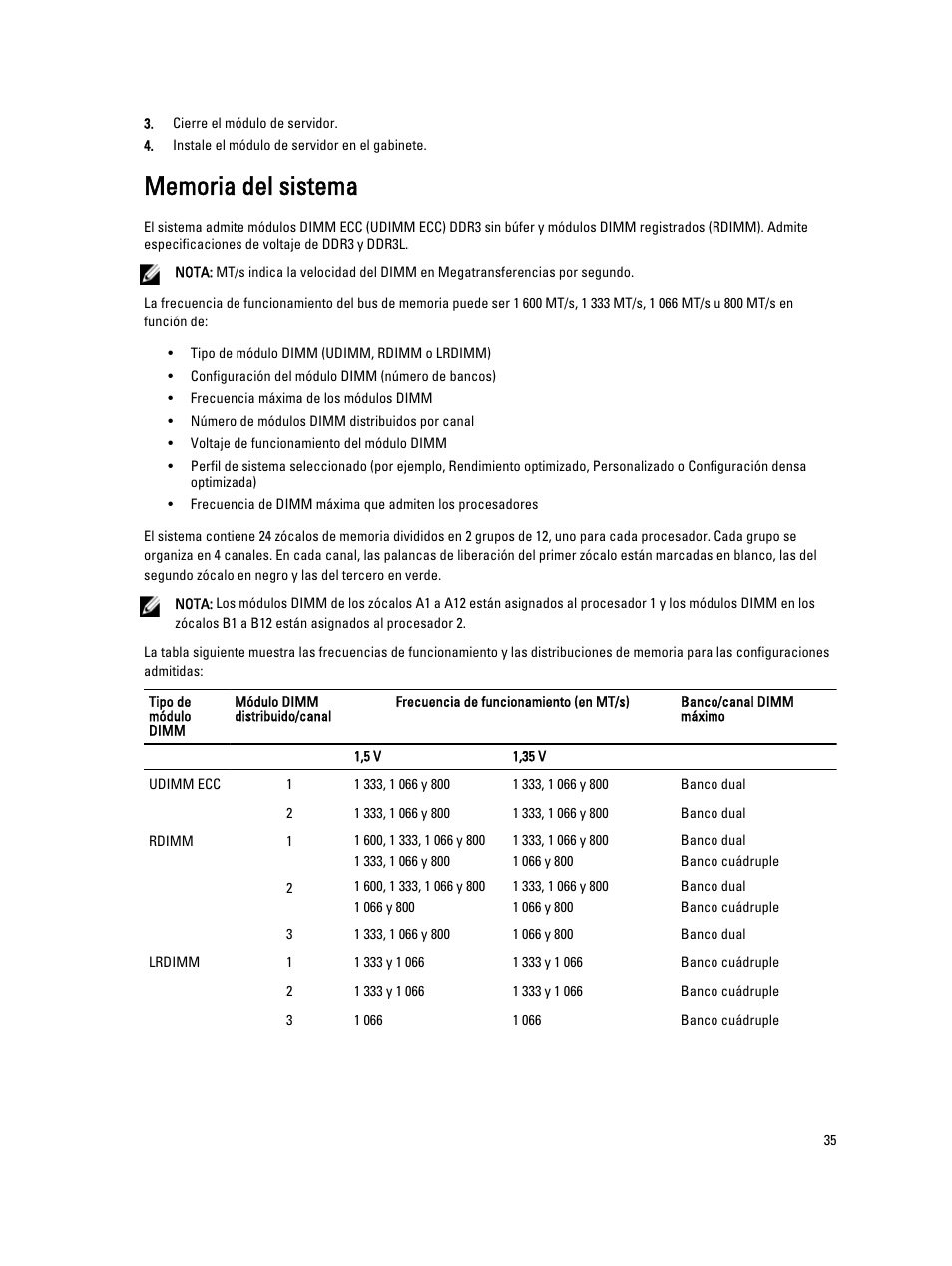 Memoria del sistema | Dell PowerEdge VRTX User Manual | Page 35 / 173